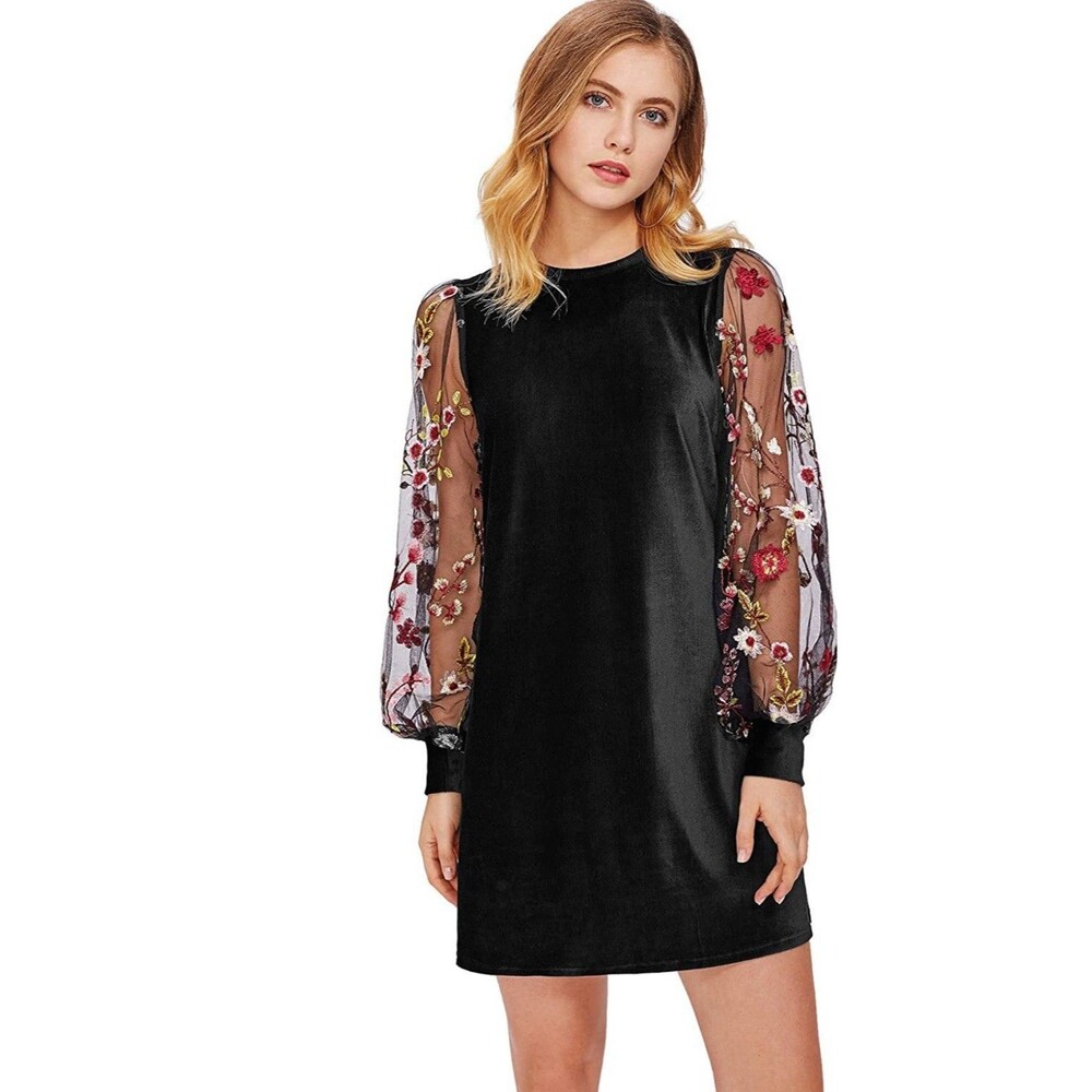 Tunic Dress Embroidered Floral Mesh Bishop Sleeves Mini  Romantic Cute Goth-L